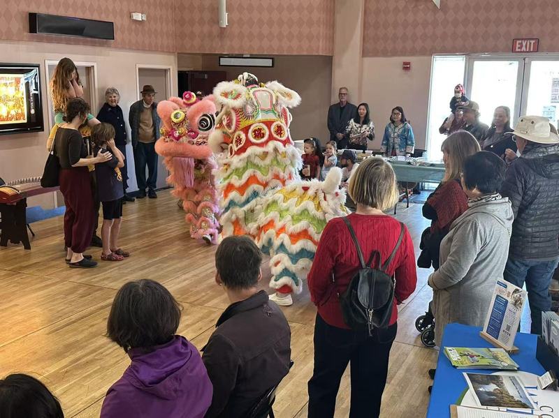 Children watch a lion dance up close